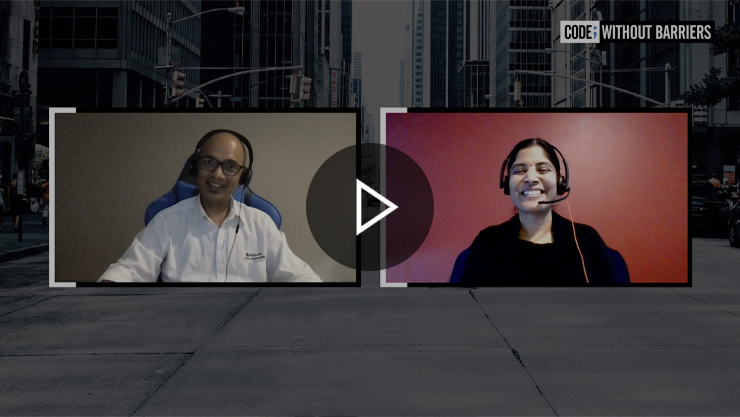 A screenshot of the Code Without Barriers New Zealand video featuring one male and one female developers